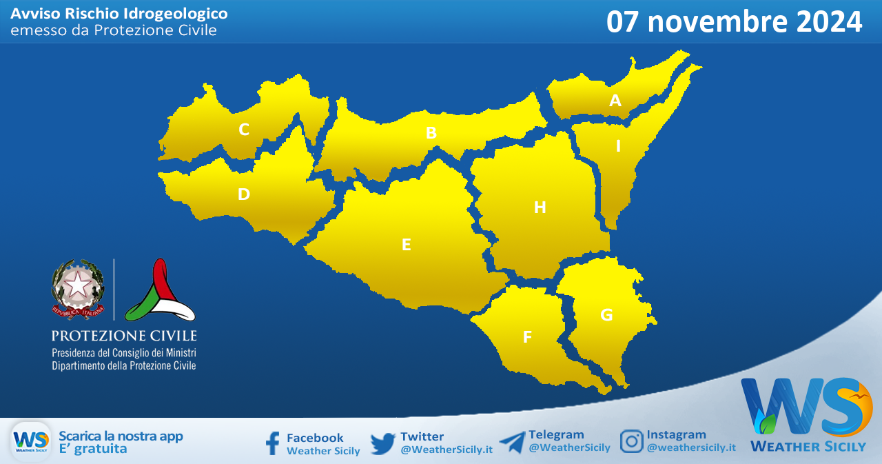 Meteo Sicilia: bollettino di allerta meteo per domani, giovedì 07 novembre 2024