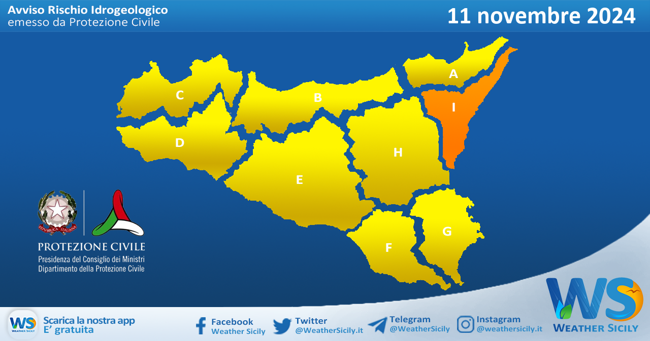 Meteo Sicilia: bollettino di allerta meteo per domani, lunedì 11 novembre 2024