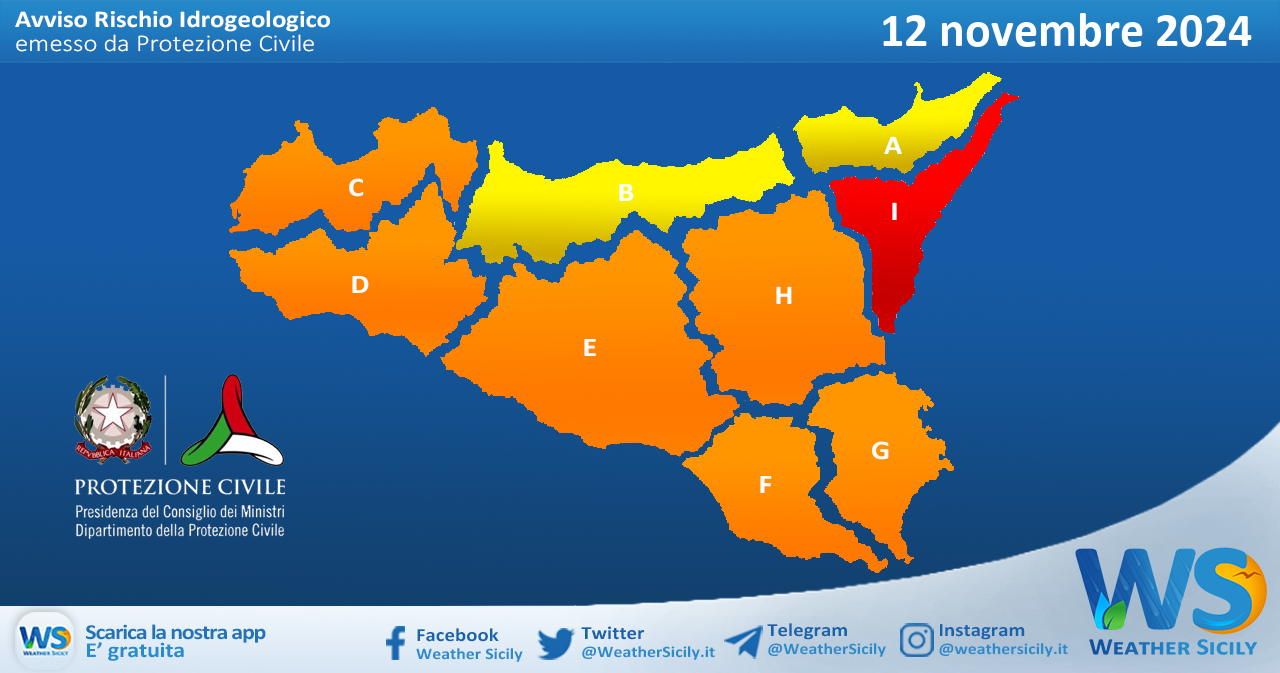 Meteo Sicilia: bollettino di allerta meteo per domani, martedì 12 novembre 2024