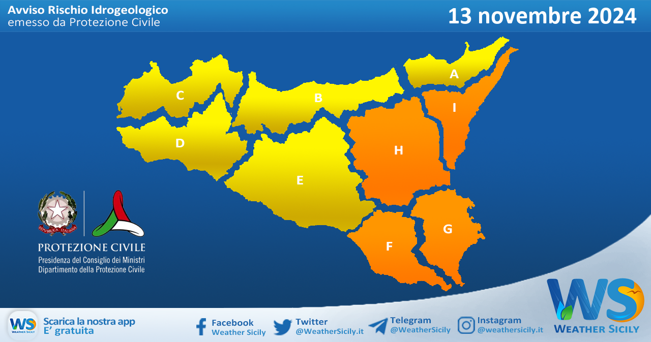 Meteo Sicilia: bollettino di allerta meteo per domani, mercoledì 13 novembre 2024