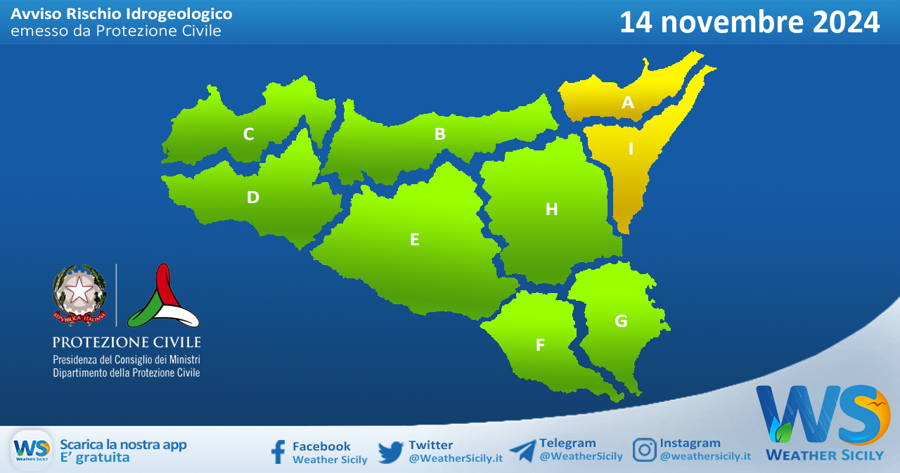 Meteo Sicilia: bollettino di allerta meteo per domani, giovedì 14 novembre 2024