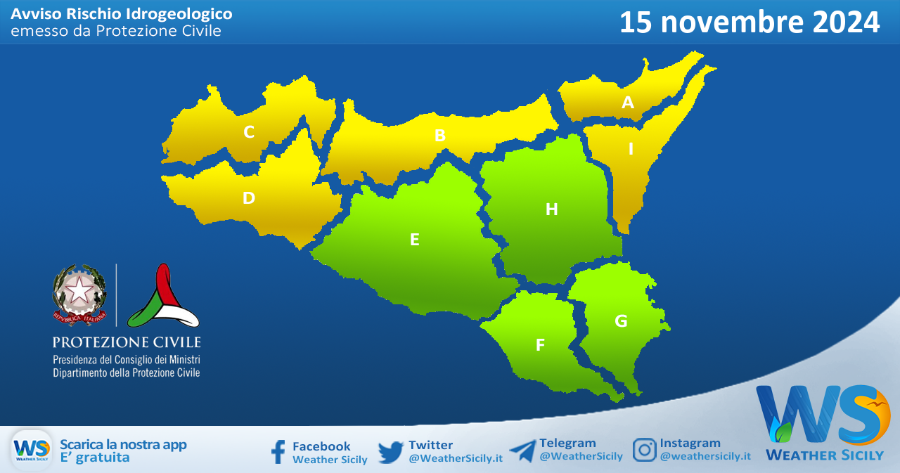 Meteo Sicilia: bollettino di allerta meteo per domani, venerdì 15 novembre 2024