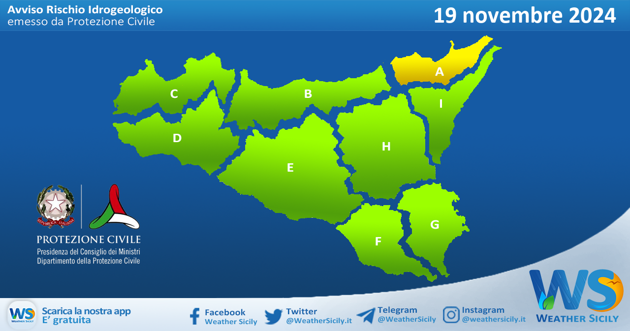 Meteo Sicilia: bollettino di allerta meteo per domani, martedì 19 novembre 2024