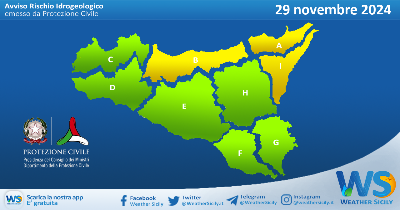 Meteo Sicilia: bollettino di allerta meteo per domani, venerdì 29 novembre 2024