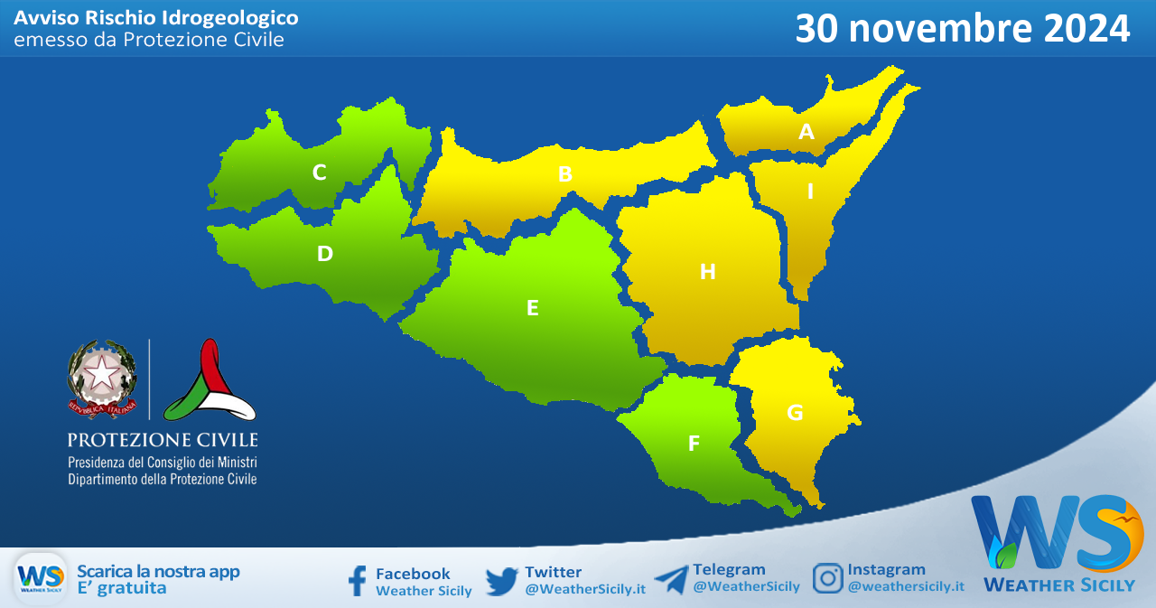 Meteo Sicilia: bollettino di allerta meteo per domani, sabato 30 novembre 2024