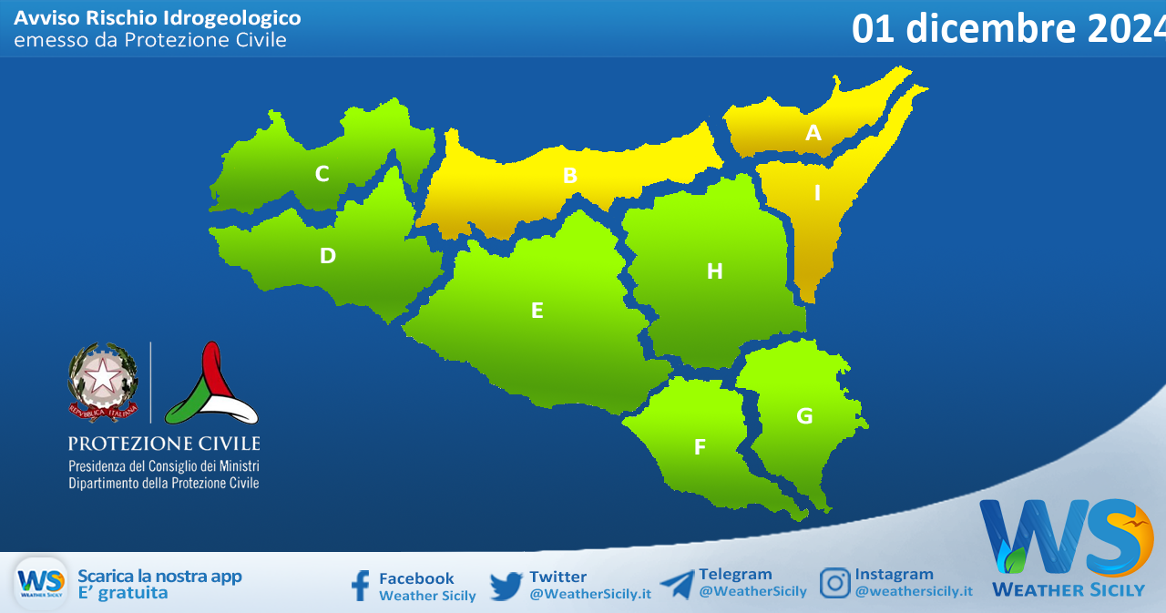 Meteo Sicilia: bollettino di allerta meteo per domani, domenica 01 dicembre 2024