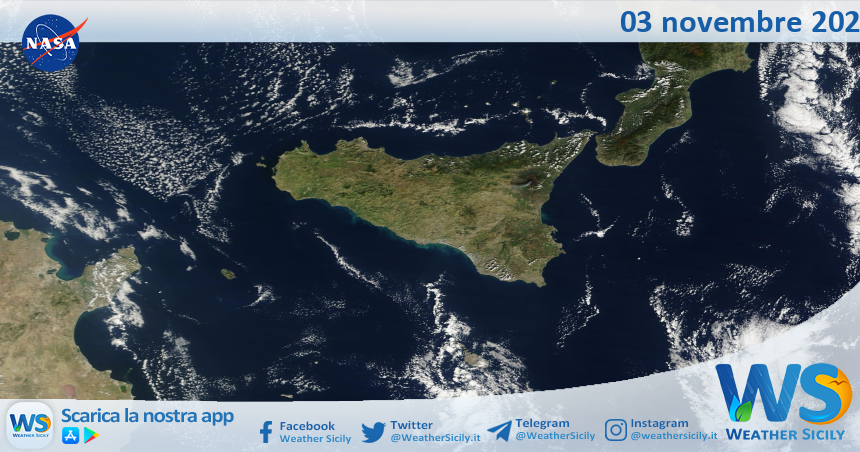 Meteo Sicilia: immagine satellitare Nasa di domenica 03 novembre 2024