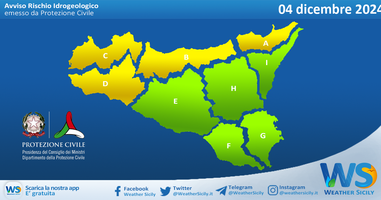 Meteo Sicilia: bollettino di allerta meteo per domani, mercoledì 04 dicembre 2024