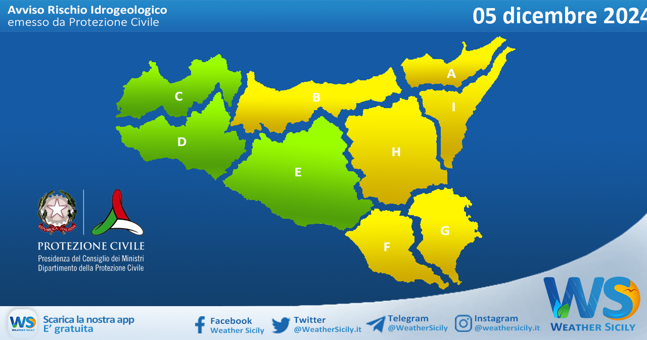 Meteo Sicilia: bollettino di allerta meteo per domani, giovedì 05 dicembre 2024