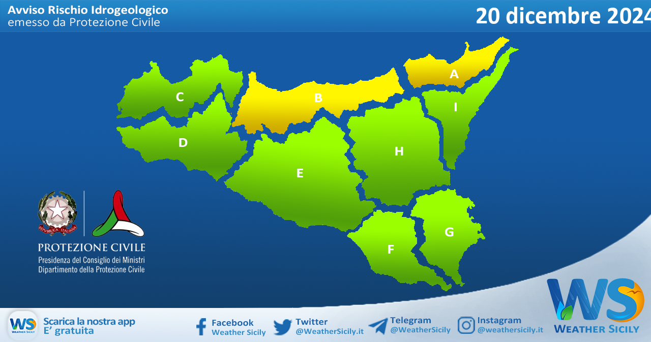 Meteo Sicilia: bollettino di allerta meteo per domani, venerdì 20 dicembre 2024