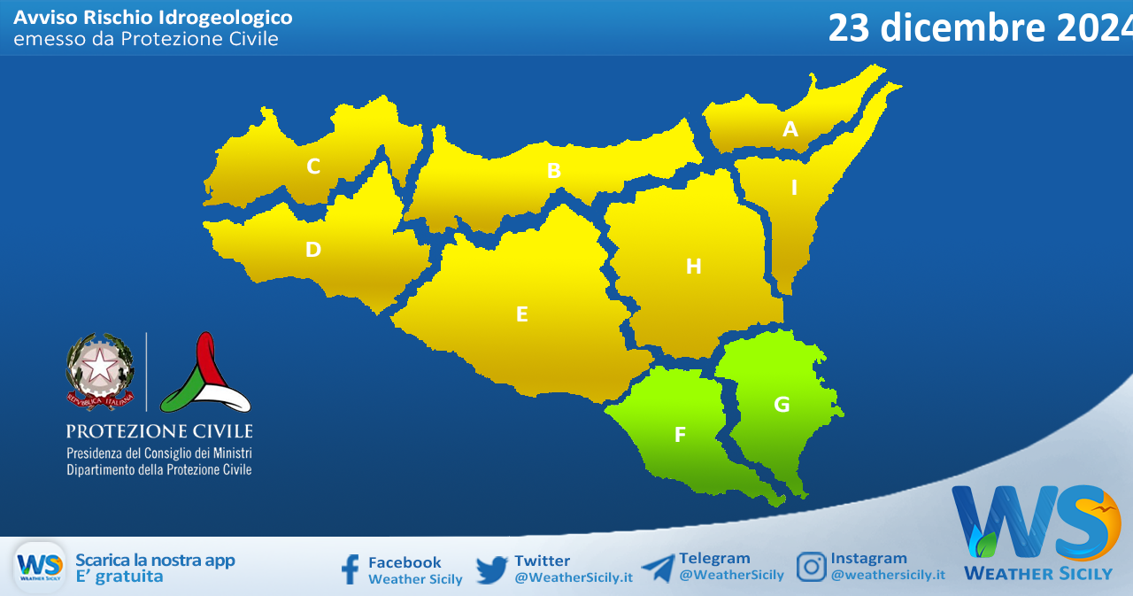 Meteo Sicilia: bollettino di allerta meteo per domani, lunedì 23 dicembre 2024