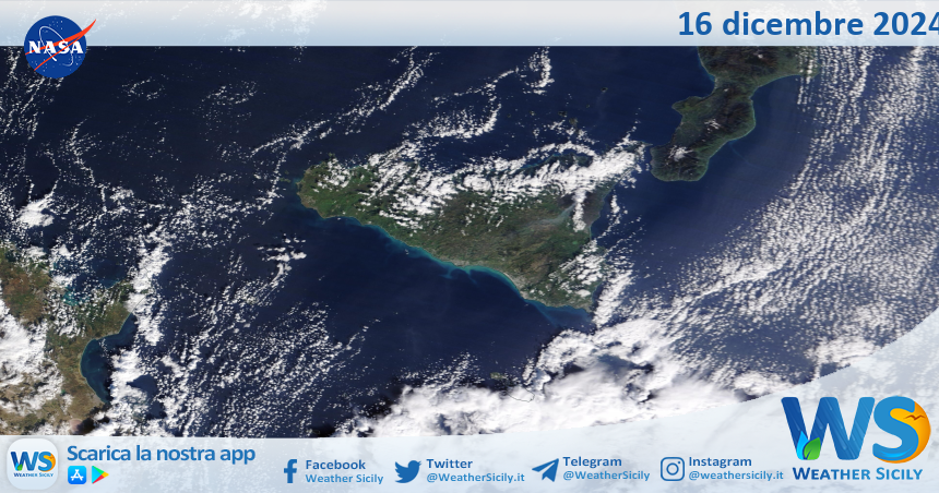 Meteo Sicilia: immagine satellitare Nasa di lunedì 16 dicembre 2024