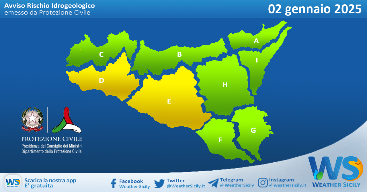 Meteo Sicilia: bollettino di allerta meteo per domani, giovedì 02 gennaio 2025