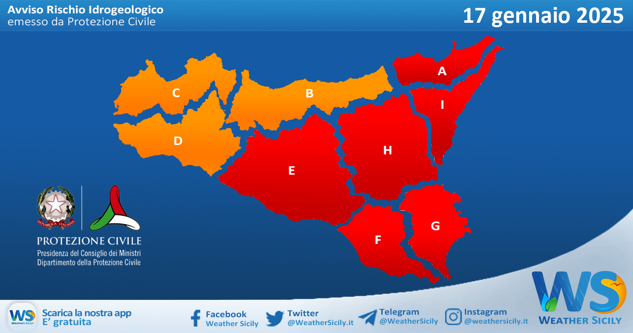 Meteo Sicilia: bollettino di allerta meteo per domani, venerdì 17 gennaio 2025