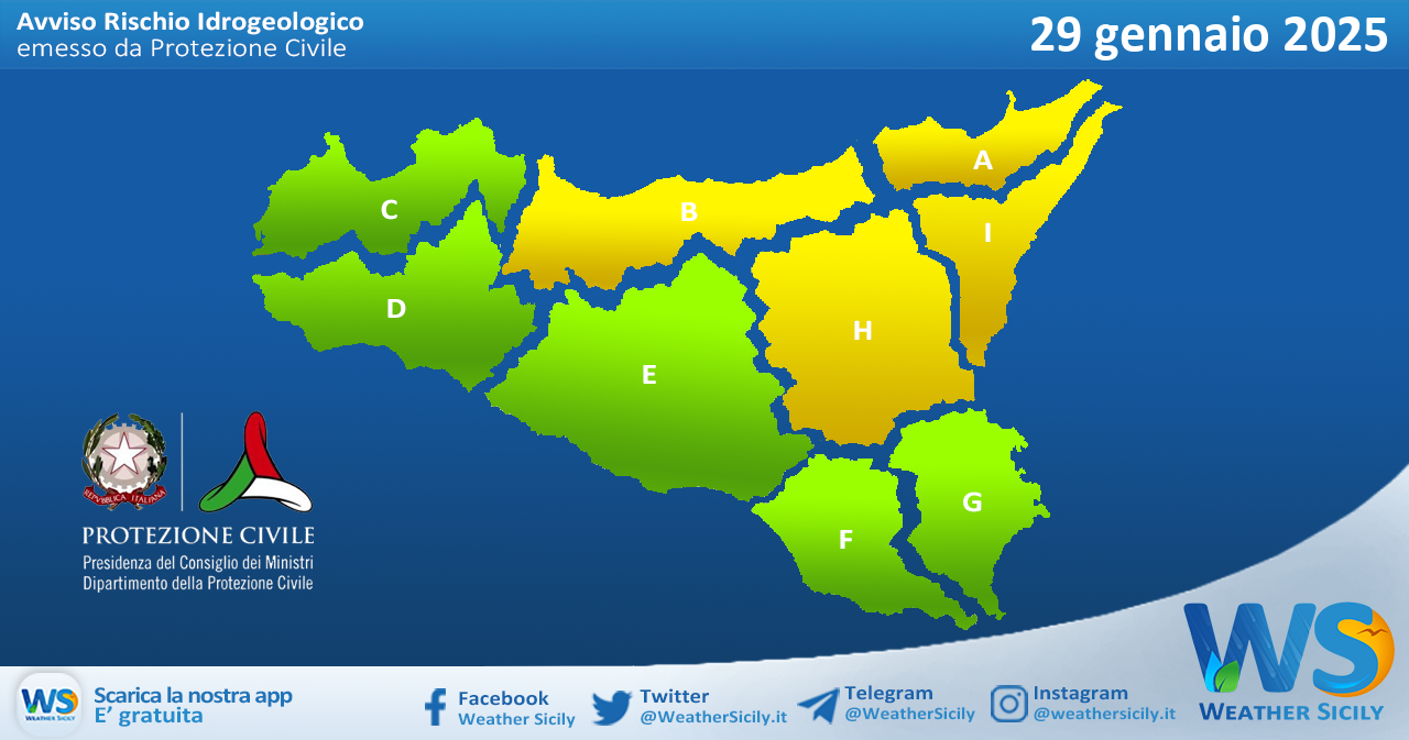 Meteo Sicilia: bollettino di allerta meteo per domani, mercoledì 29 gennaio 2025