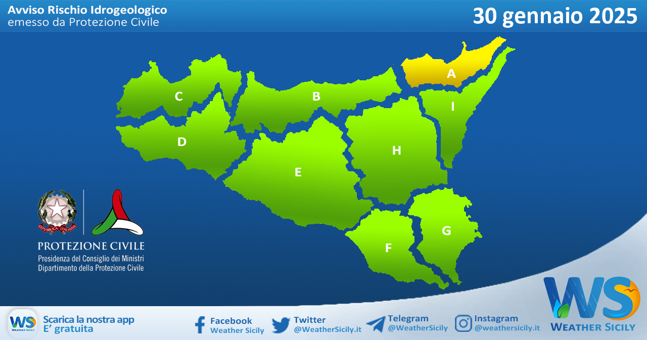 Meteo Sicilia: bollettino di allerta meteo per domani, giovedì 30 gennaio 2025