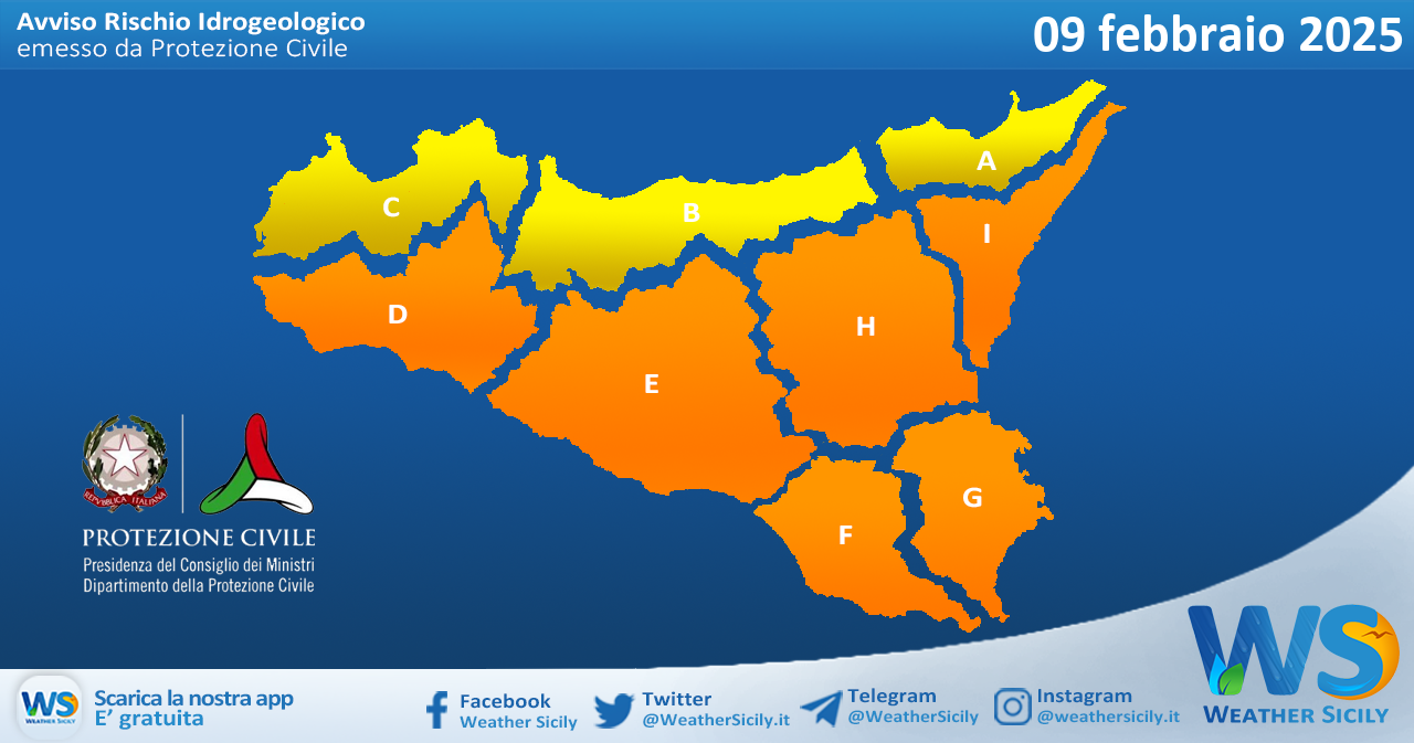 Meteo Sicilia: bollettino di allerta meteo per domani, domenica 09 febbraio 2025