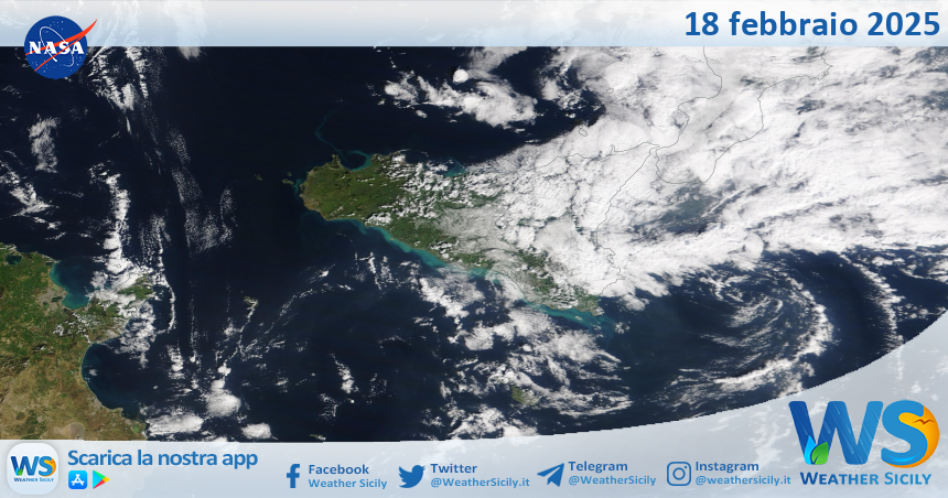 Meteo Sicilia: immagine satellitare Nasa di martedì 18 febbraio 2025