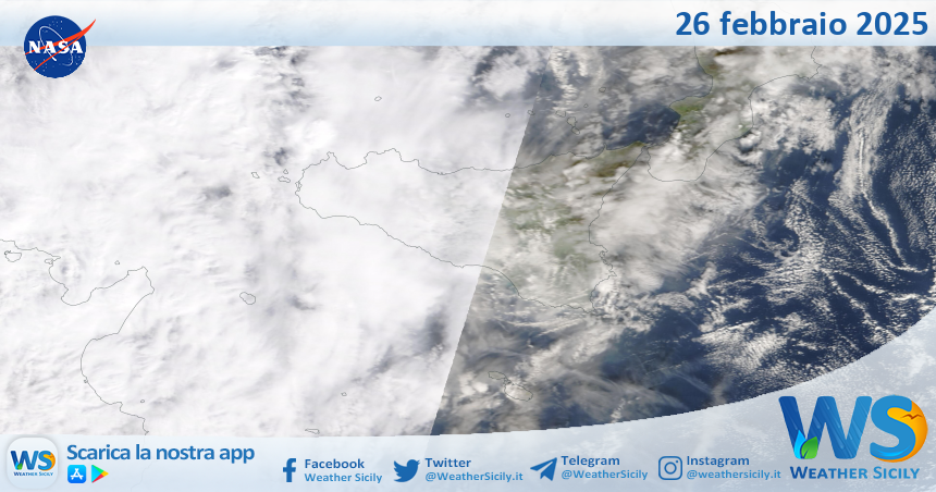 Meteo Sicilia: immagine satellitare Nasa di mercoledì 26 febbraio 2025