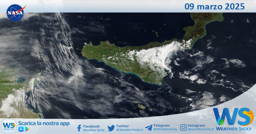 Meteo Sicilia: immagine satellitare Nasa di domenica 09 marzo 2025