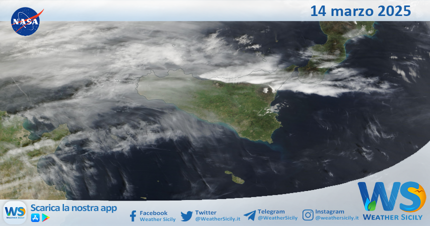 Meteo Sicilia: immagine satellitare Nasa di venerdì 14 marzo 2025