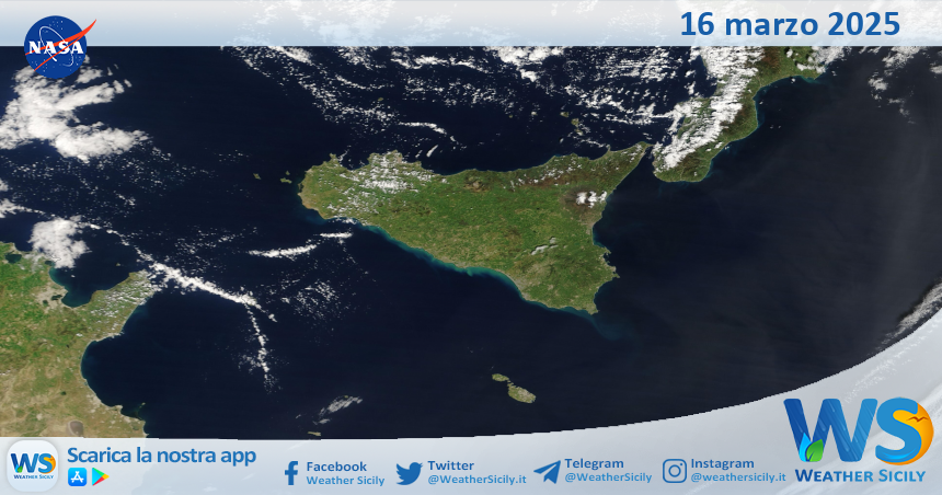 Meteo Sicilia: immagine satellitare Nasa di domenica 16 marzo 2025