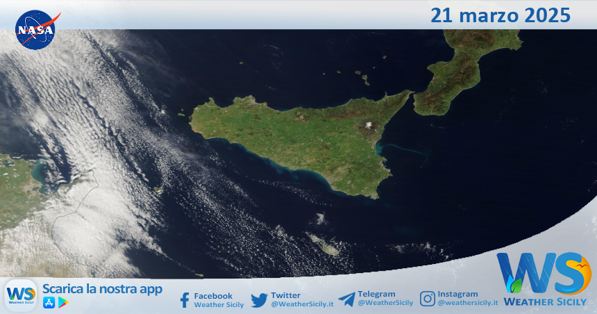 Meteo Sicilia: immagine satellitare Nasa di venerdì 21 marzo 2025